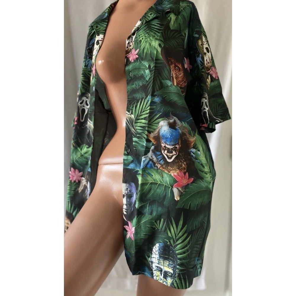 Horror Movie Hawaiian Shirt Mens 2XL Green Freddy Krueger Jason IT Michael Myers